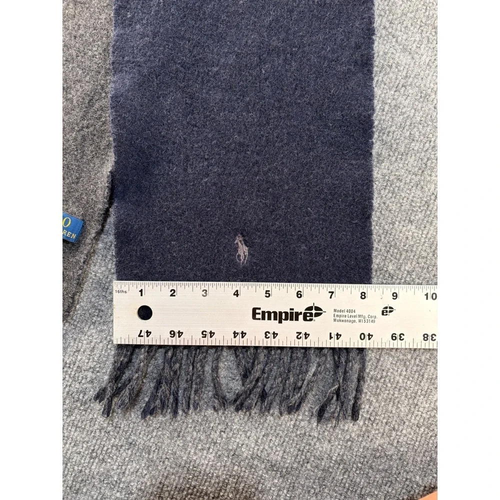 Polo Ralph Lauren Reversible Scarf Navy Blue Charcoal Grey Wool Blend Fringe